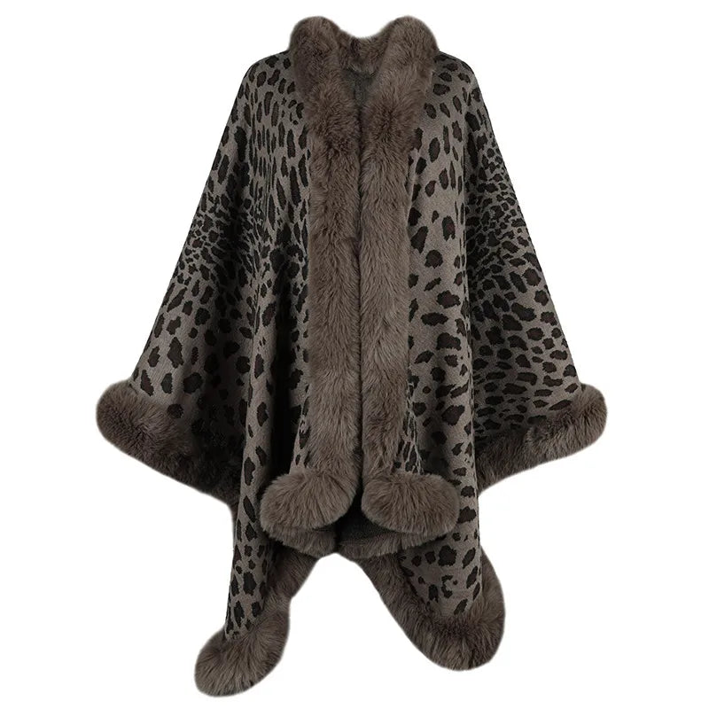 Winter Faux Fur Collar Plush Cape Cardigan Leopard Shawl Coat - Classy Girlie Boutique