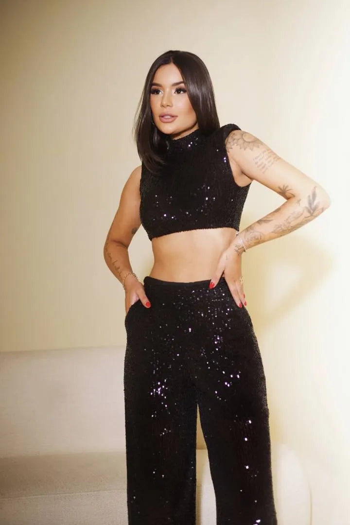 Girlie Sequin Sleeveless Round Neck Crop Top Wide Leg Pants Party Two-Piece Set - Classy Girlie Boutique