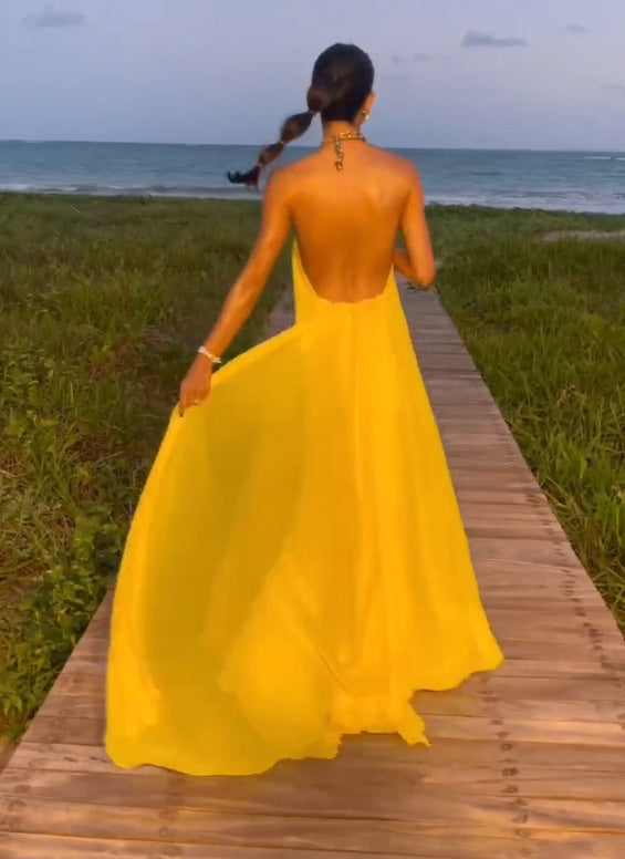 Women Sexy Halter Neck Backless Solid Color Maxi Dress - Classy Girlie Boutique