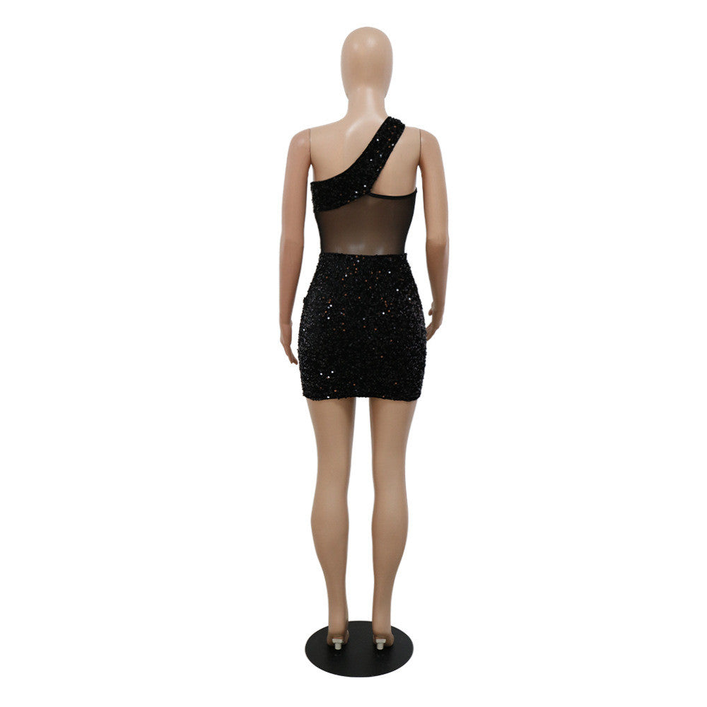 Women Sexy Irregular Oblique Shoulder Sequin Decor Solid Color Nightclub Dress - Classy Girlie Boutique