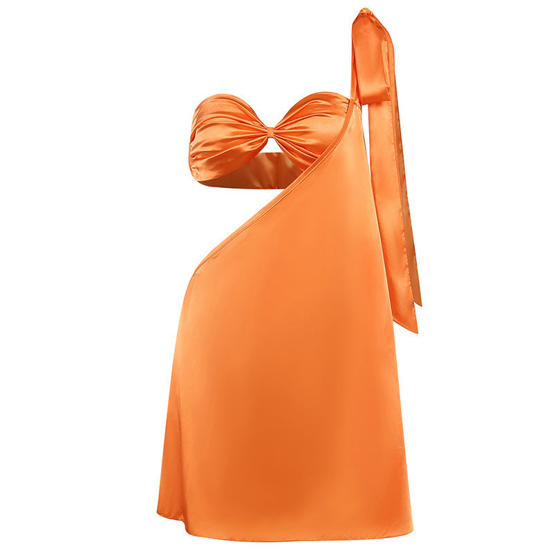 Women'S Fashion Casual Satin One Shoulder Hollow Tube Top Dress - Classy Girlie Boutique