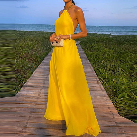 Women Sexy Halter Neck Backless Solid Color Maxi Dress - Classy Girlie Boutique  Girlié