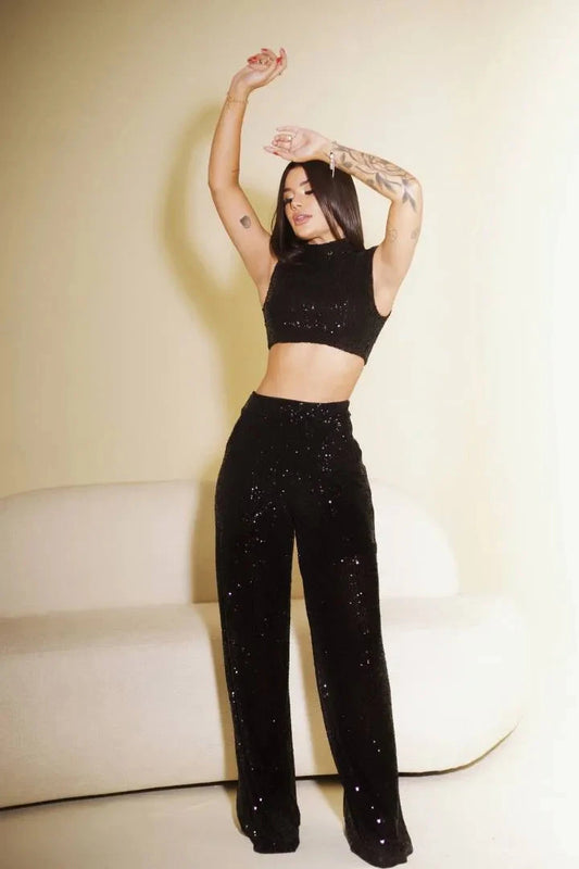 Girlie Sequin Sleeveless Round Neck Crop Top Wide Leg Pants Party Two-Piece Set - Classy Girlie Boutique  Girlié