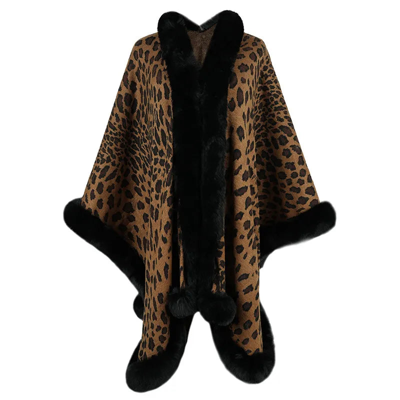 Winter Faux Fur Collar Plush Cape Cardigan Leopard Shawl Coat - Classy Girlie Boutique 