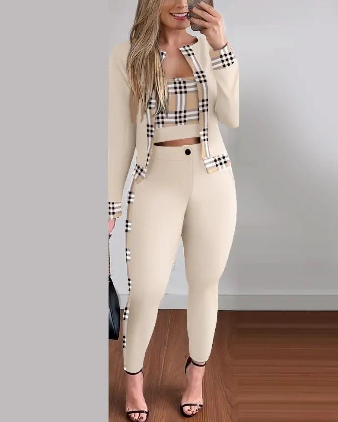 Girlie Houndstooth Stripe Printed Vest Jacket Tight Pants Three-Piece Set - Classy Girlie Boutique 