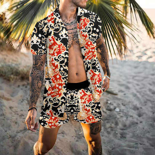 Men Lapel Collar Printed Short-Sleeved Loose Shirt And Shorts Two-Piece Set - Classy Girlie Boutique  Girlié
