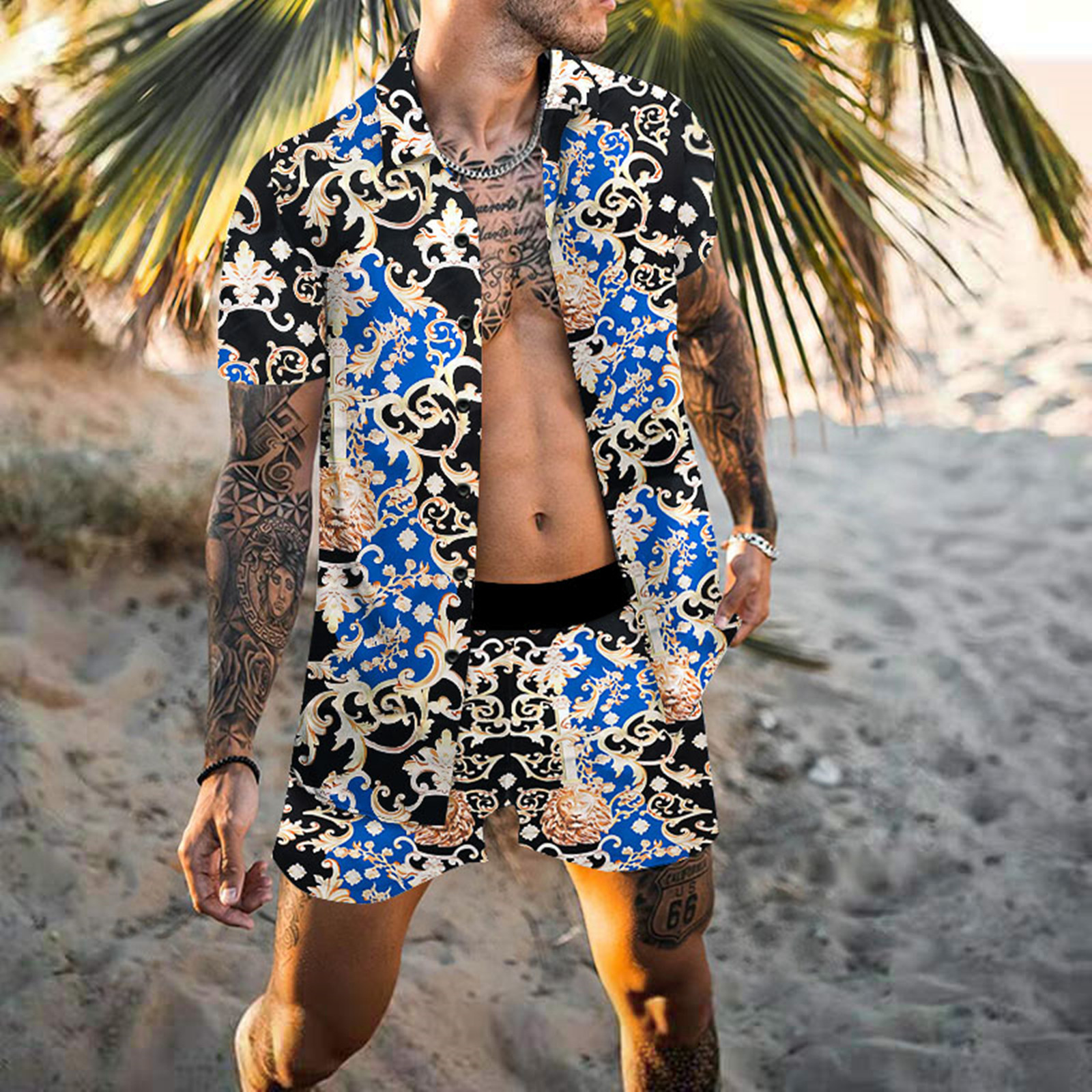 Men Lapel Collar Printed Short-Sleeved Loose Shirt And Shorts Two-Piece Set - Classy Girlie Boutique 
