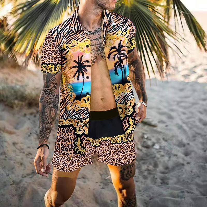 Men Lapel Collar Printed Short-Sleeved Loose Shirt And Shorts Two-Piece Set - Classy Girlie Boutique 