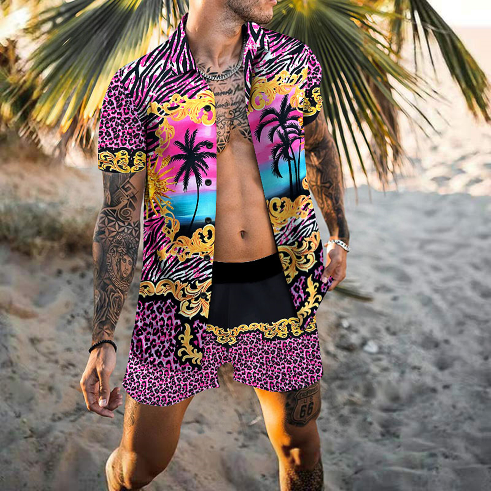 Men Lapel Collar Printed Short-Sleeved Loose Shirt And Shorts Two-Piece Set - Classy Girlie Boutique 