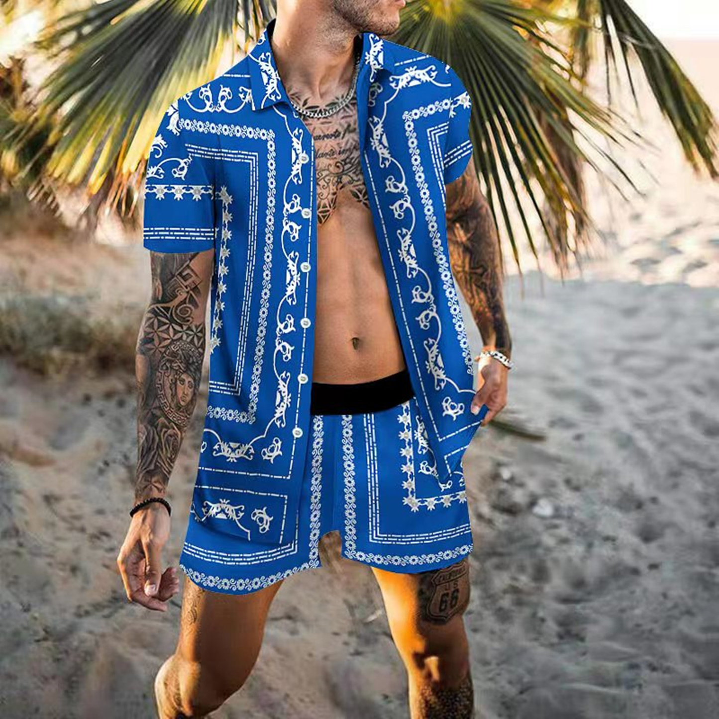 Men Lapel Collar Printed Short-Sleeved Loose Shirt And Shorts Two-Piece Set - Classy Girlie Boutique 
