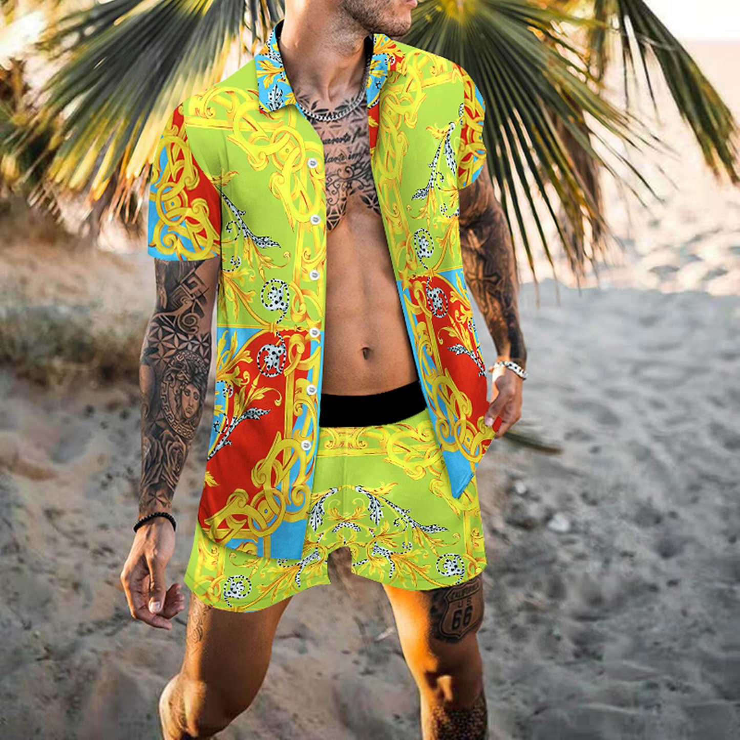 Men Lapel Collar Printed Short-Sleeved Loose Shirt And Shorts Two-Piece Set - Classy Girlie Boutique 
