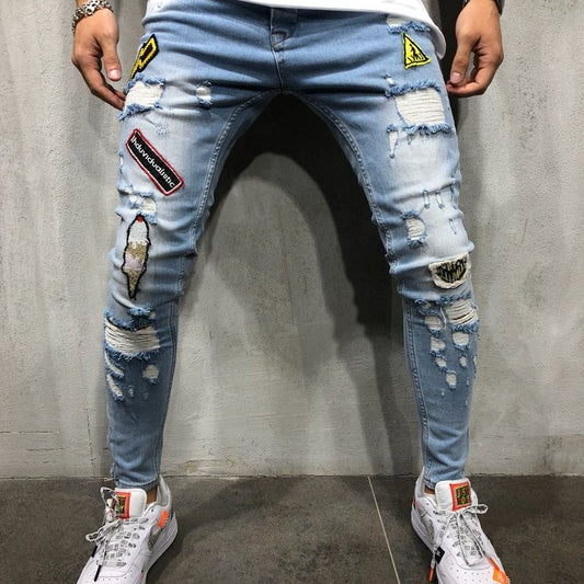 Men Badge Jogger Raw Hem Ripped Denim Jeans - Classy Girlie Boutique  Girlié