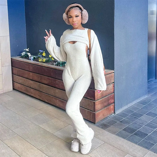 Winter Women Fashion Fleece-Lined Warm Jumpsuits Long Sleeve Coat Set - Classy Girlie Boutique  Girlié