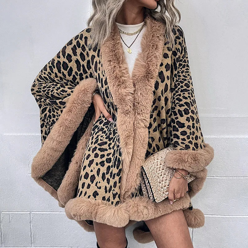 Winter Faux Fur Collar Plush Cape Cardigan Leopard Shawl Coat - Classy Girlie Boutique 