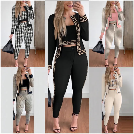 Girlie Houndstooth Stripe Printed Vest Jacket Tight Pants Three-Piece Set - Classy Girlie Boutique  Girlié