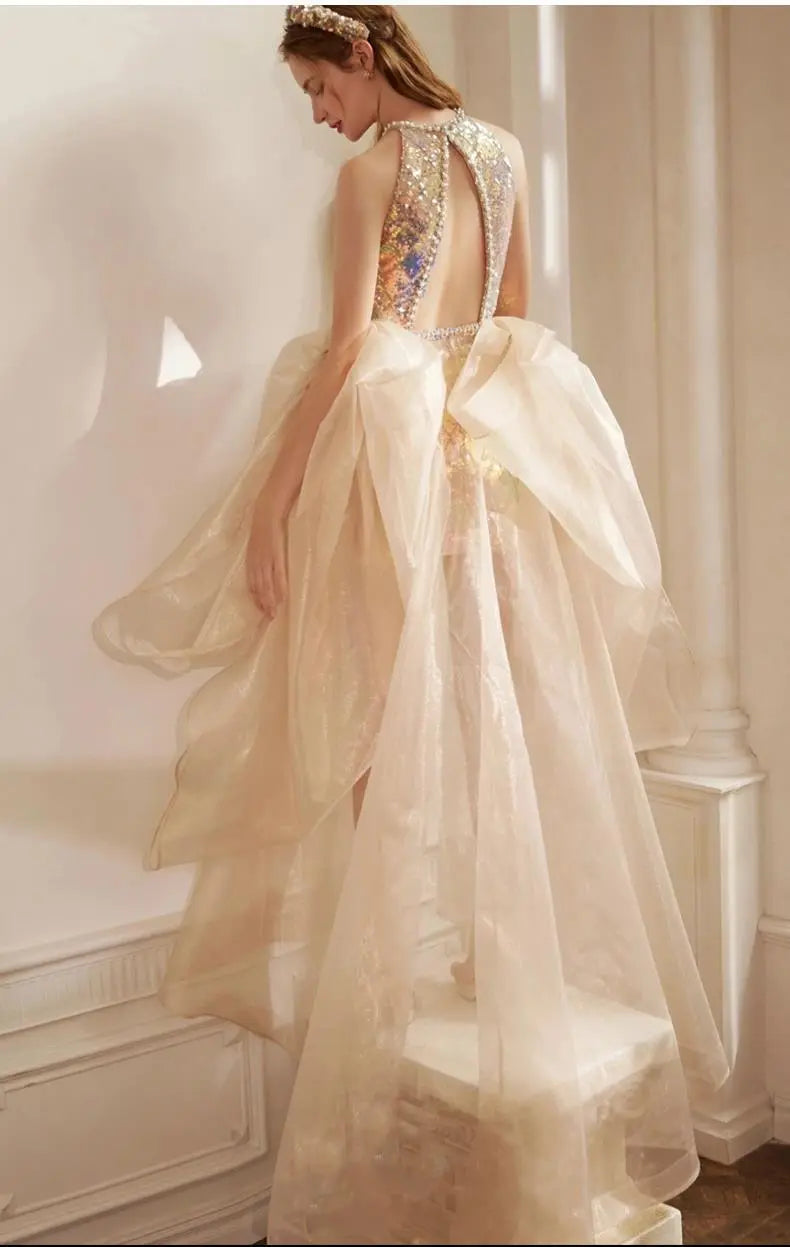 Golden Glam Fishtail Evening Dress – Elegant Party Gown | Girlie