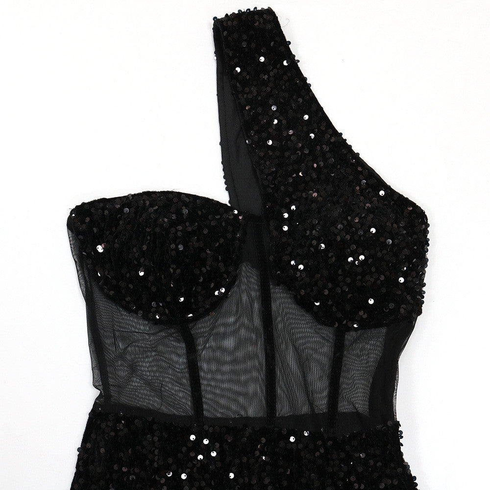 Women Sexy Irregular Oblique Shoulder Sequin Decor Solid Color Nightclub Dress - Classy Girlie Boutique 